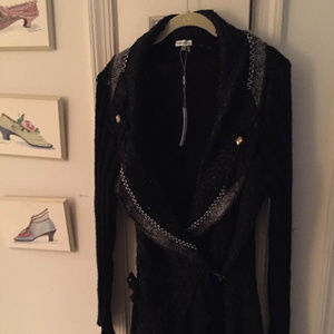 Black Cardigan, Sparkle Surplice-Front Cardigan, Shawl Collar, Jeweled, XL